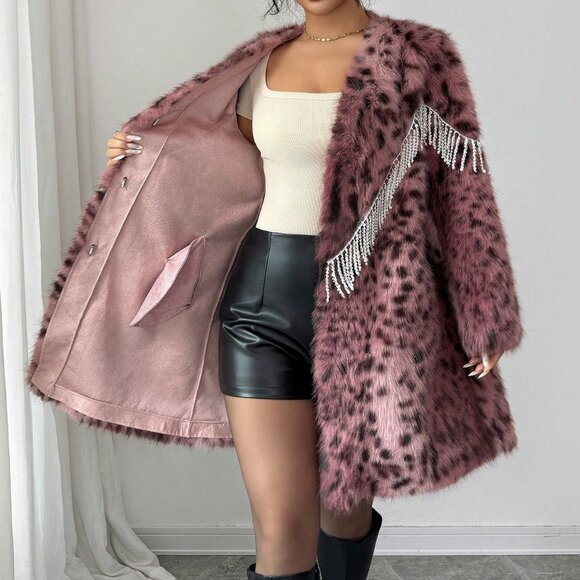Elegant Women's Pink Faux Fur Leopard Print Coat - Picture 8 of 8